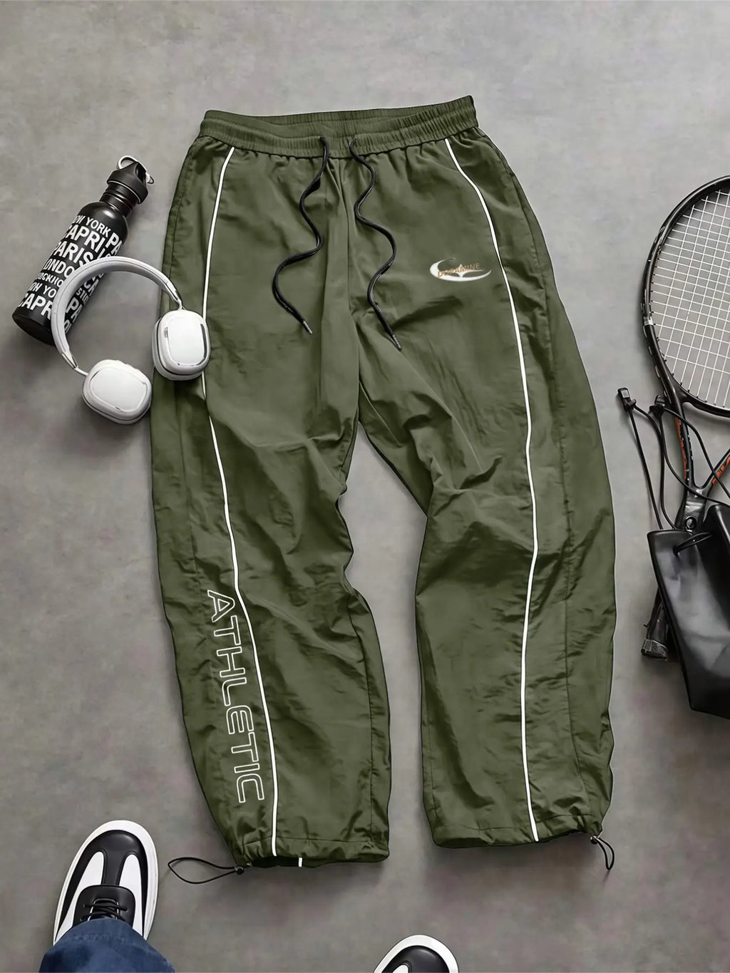 Men'S Casual Sporty Long Pants, Loose Fit Elastic Cuff, Fashionable Print, Lightweight Fabric, Perfect for Daily Wear