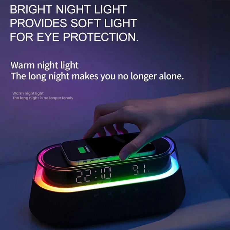 All-in-One 6-In-1 Smart Alarm Clock: 15W Wireless Charger, Bluetooth Speaker, FM Radio, Dual Alarm, USB Charger & Colorful RGB Night Light