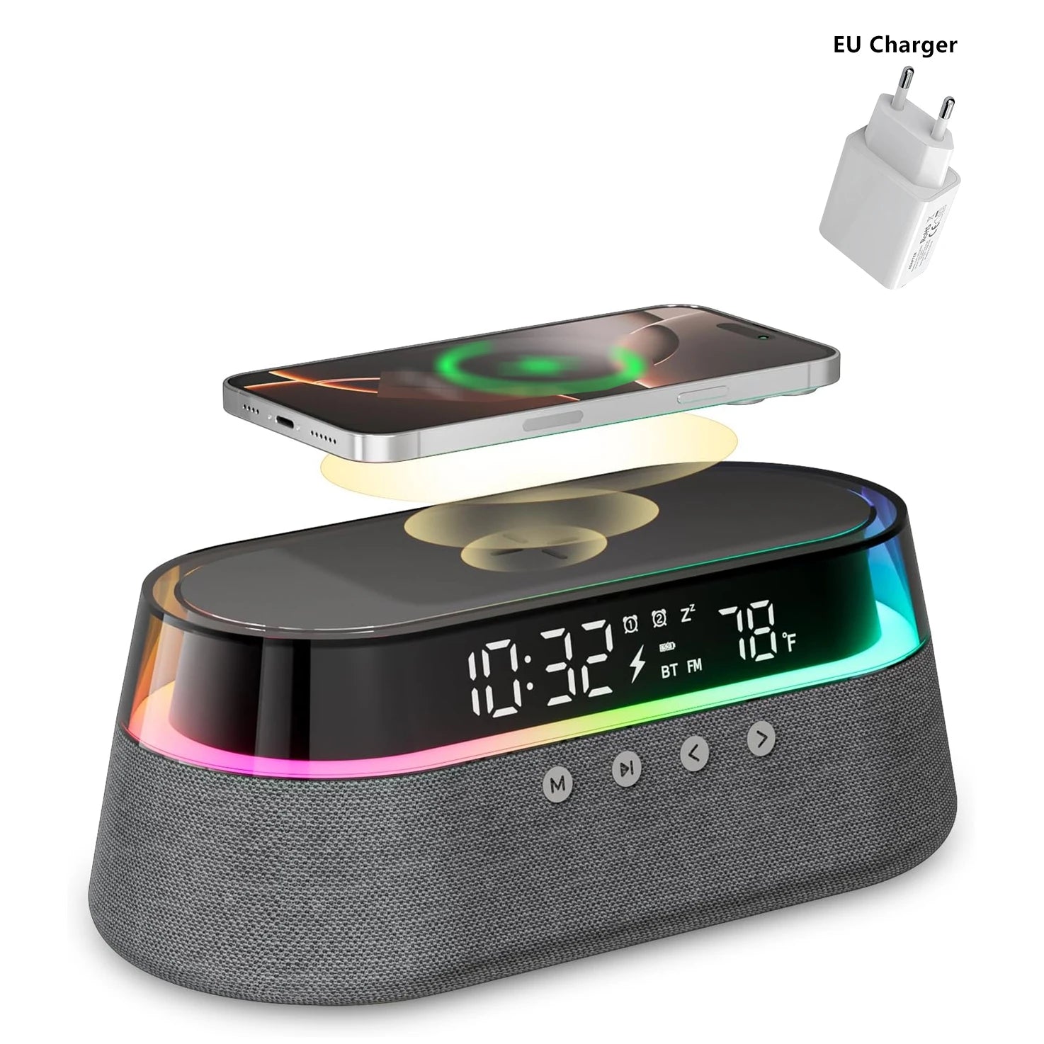 All-in-One 6-In-1 Smart Alarm Clock: 15W Wireless Charger, Bluetooth Speaker, FM Radio, Dual Alarm, USB Charger & Colorful RGB Night Light