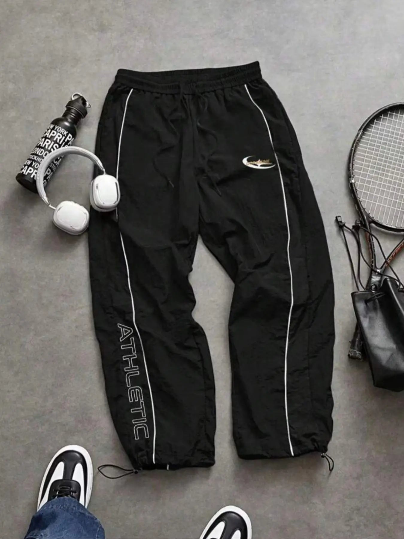 Men'S Casual Sporty Long Pants, Loose Fit Elastic Cuff, Fashionable Print, Lightweight Fabric, Perfect for Daily Wear