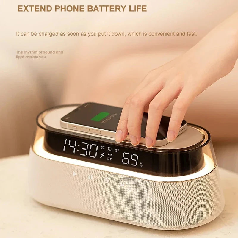 All-in-One 6-In-1 Smart Alarm Clock: 15W Wireless Charger, Bluetooth Speaker, FM Radio, Dual Alarm, USB Charger & Colorful RGB Night Light