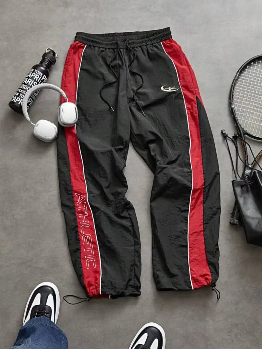 Men'S Casual Sporty Long Pants, Loose Fit Elastic Cuff, Fashionable Print, Lightweight Fabric, Perfect for Daily Wear