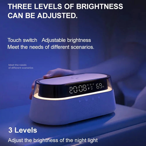 All-in-One 6-In-1 Smart Alarm Clock: 15W Wireless Charger, Bluetooth Speaker, FM Radio, Dual Alarm, USB Charger & Colorful RGB Night Light