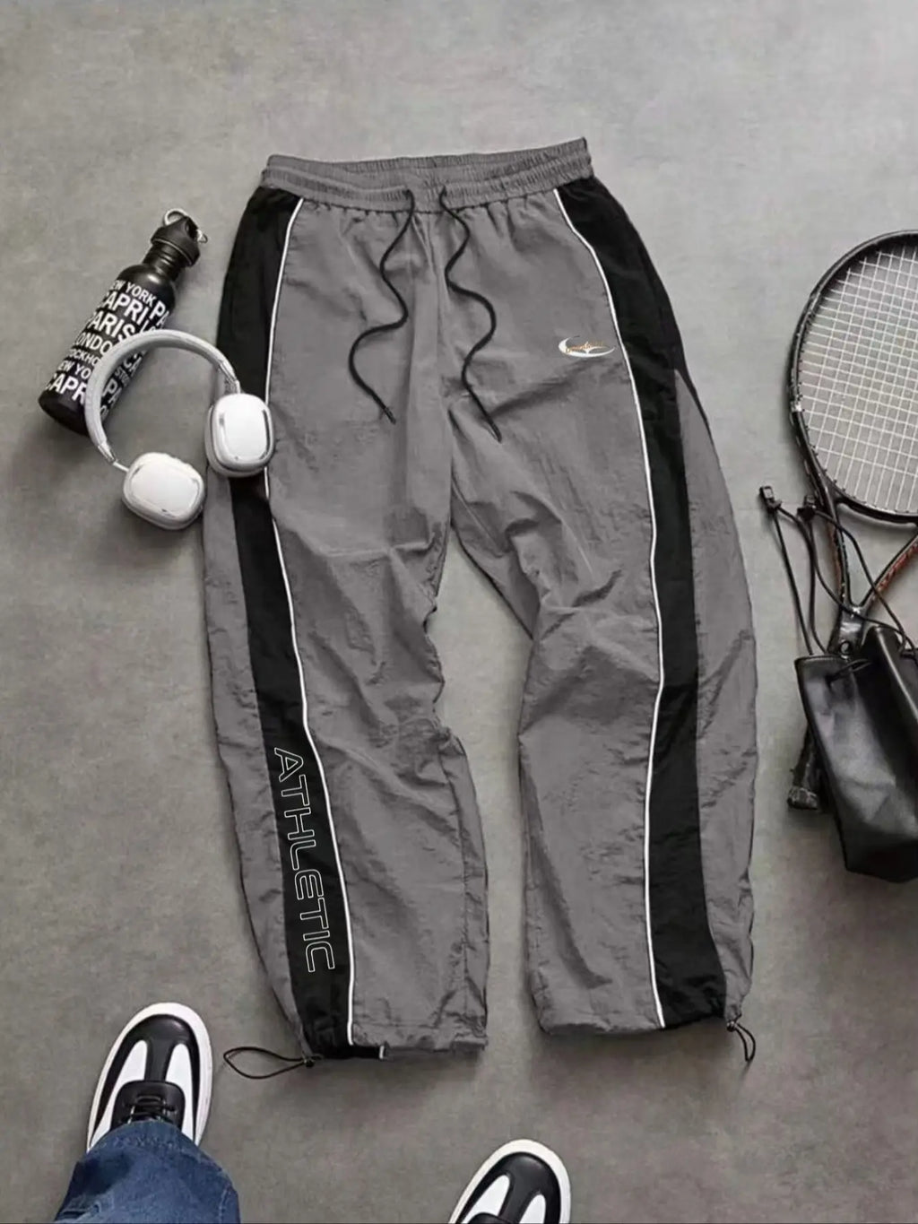 Men'S Casual Sporty Long Pants, Loose Fit Elastic Cuff, Fashionable Print, Lightweight Fabric, Perfect for Daily Wear