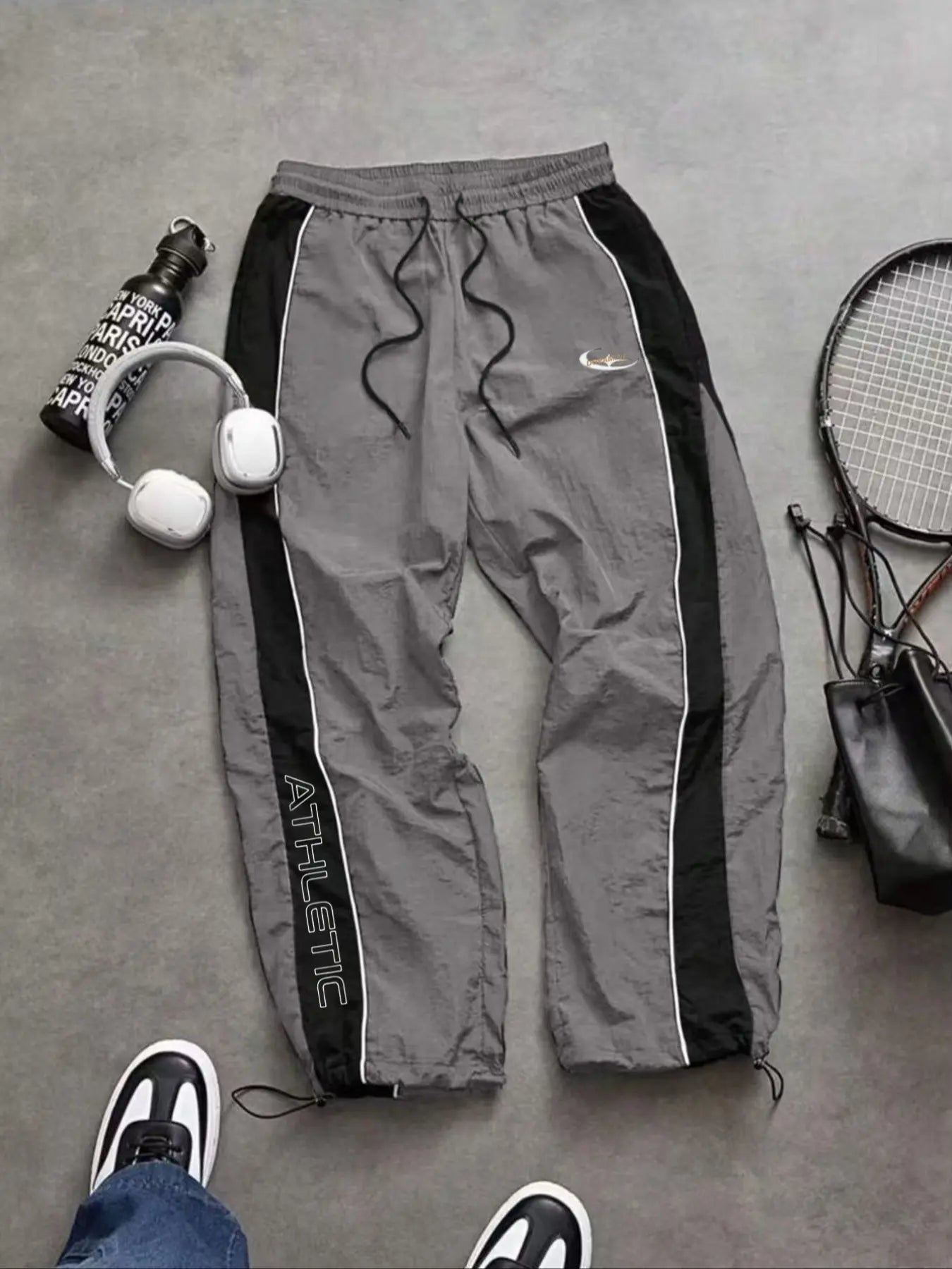 Men'S Casual Sporty Long Pants, Loose Fit Elastic Cuff, Fashionable Print, Lightweight Fabric, Perfect for Daily Wear