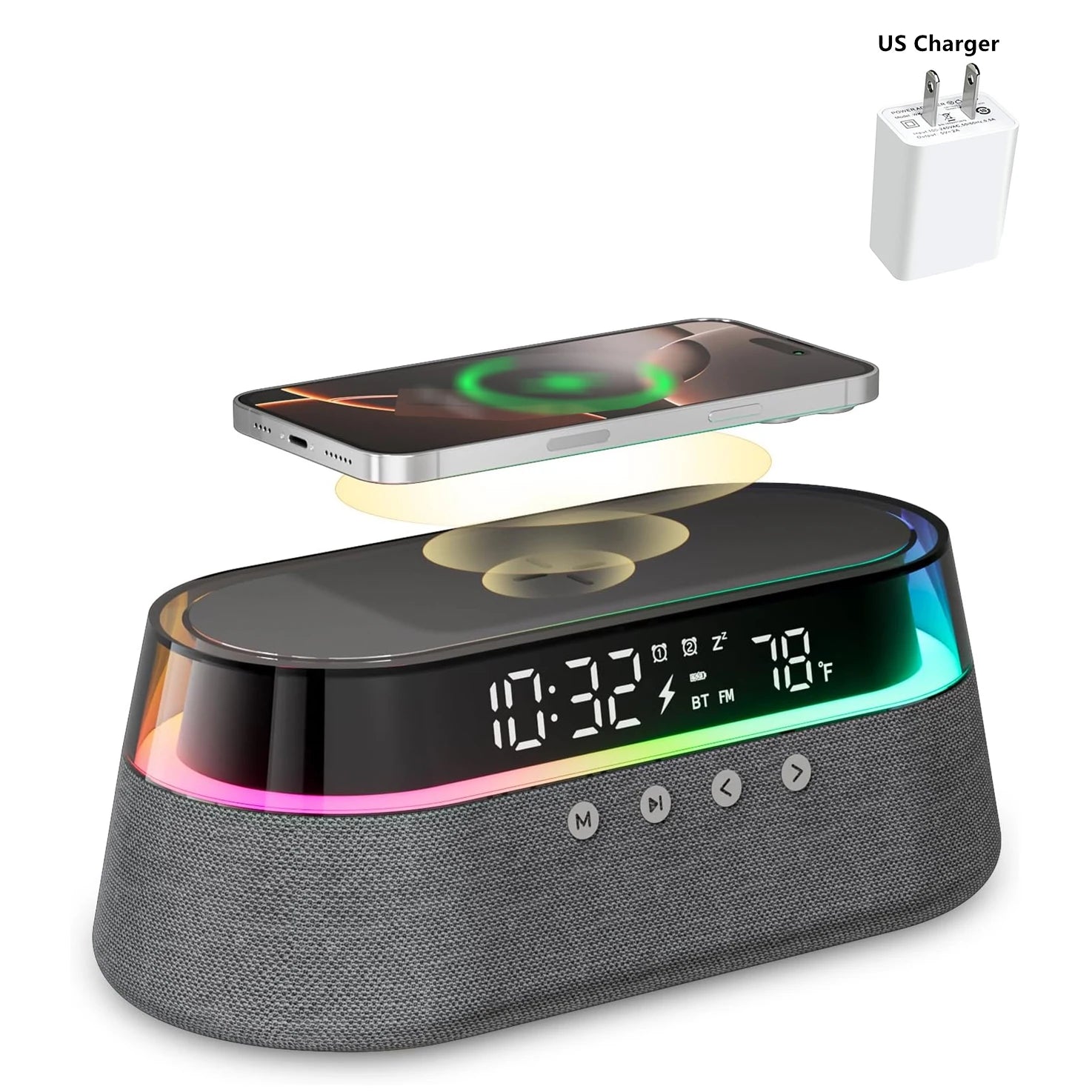 All-in-One 6-In-1 Smart Alarm Clock: 15W Wireless Charger, Bluetooth Speaker, FM Radio, Dual Alarm, USB Charger & Colorful RGB Night Light