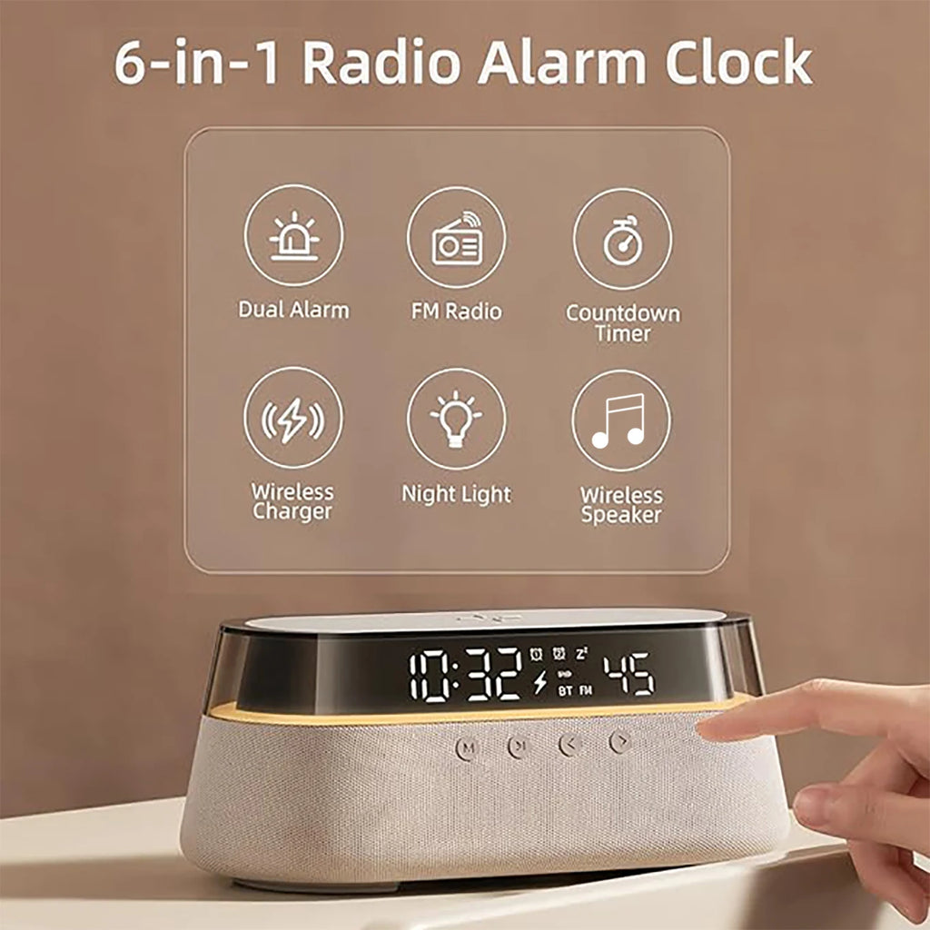 All-in-One 6-In-1 Smart Alarm Clock: 15W Wireless Charger, Bluetooth Speaker, FM Radio, Dual Alarm, USB Charger & Colorful RGB Night Light