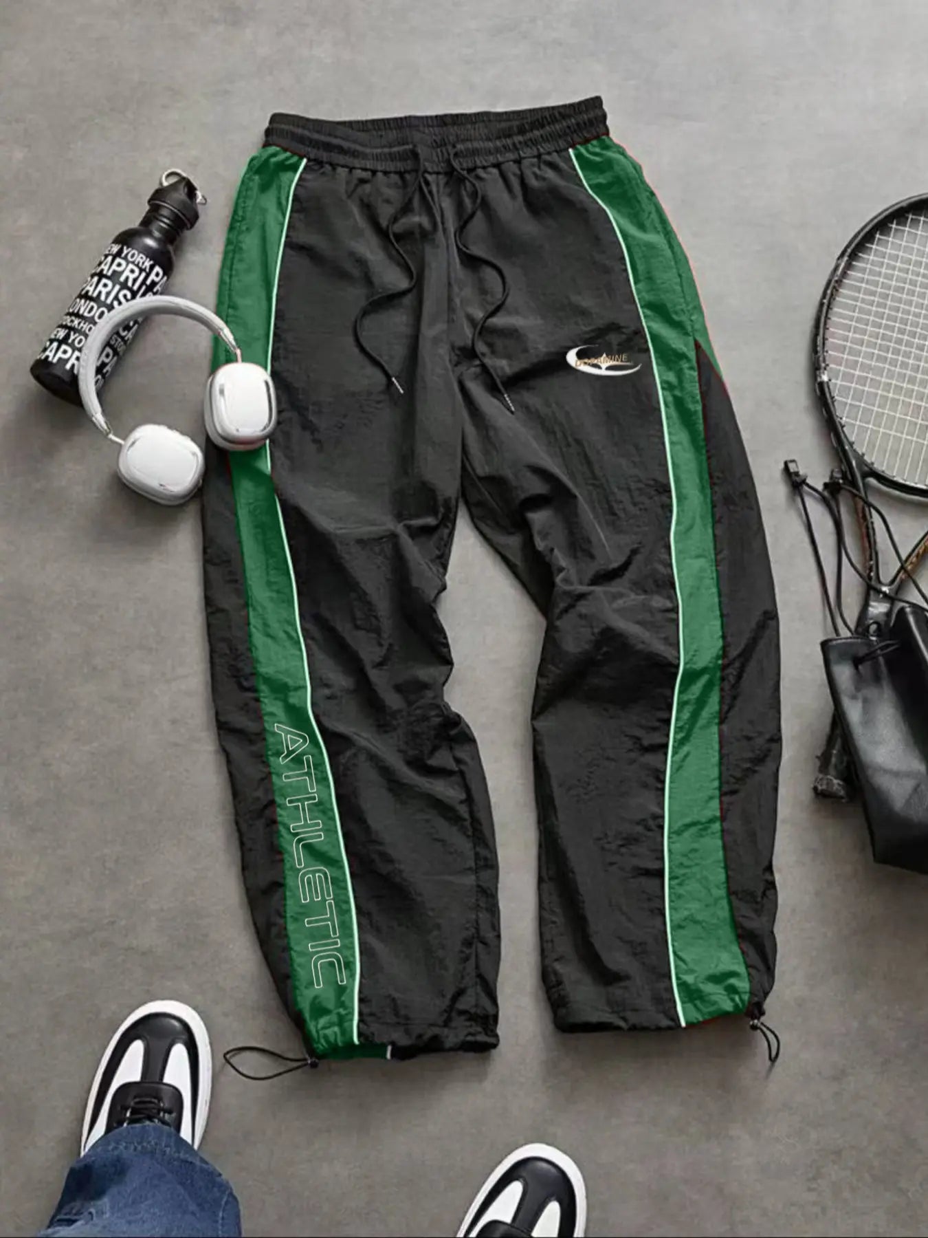 Men'S Casual Sporty Long Pants, Loose Fit Elastic Cuff, Fashionable Print, Lightweight Fabric, Perfect for Daily Wear