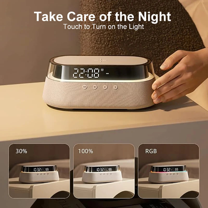 All-in-One 6-In-1 Smart Alarm Clock: 15W Wireless Charger, Bluetooth Speaker, FM Radio, Dual Alarm, USB Charger & Colorful RGB Night Light