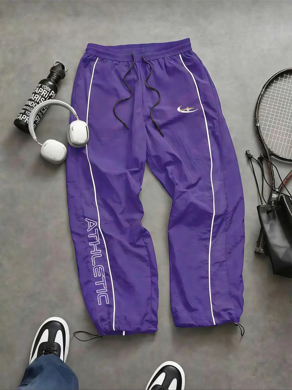 Men'S Casual Sporty Long Pants, Loose Fit Elastic Cuff, Fashionable Print, Lightweight Fabric, Perfect for Daily Wear