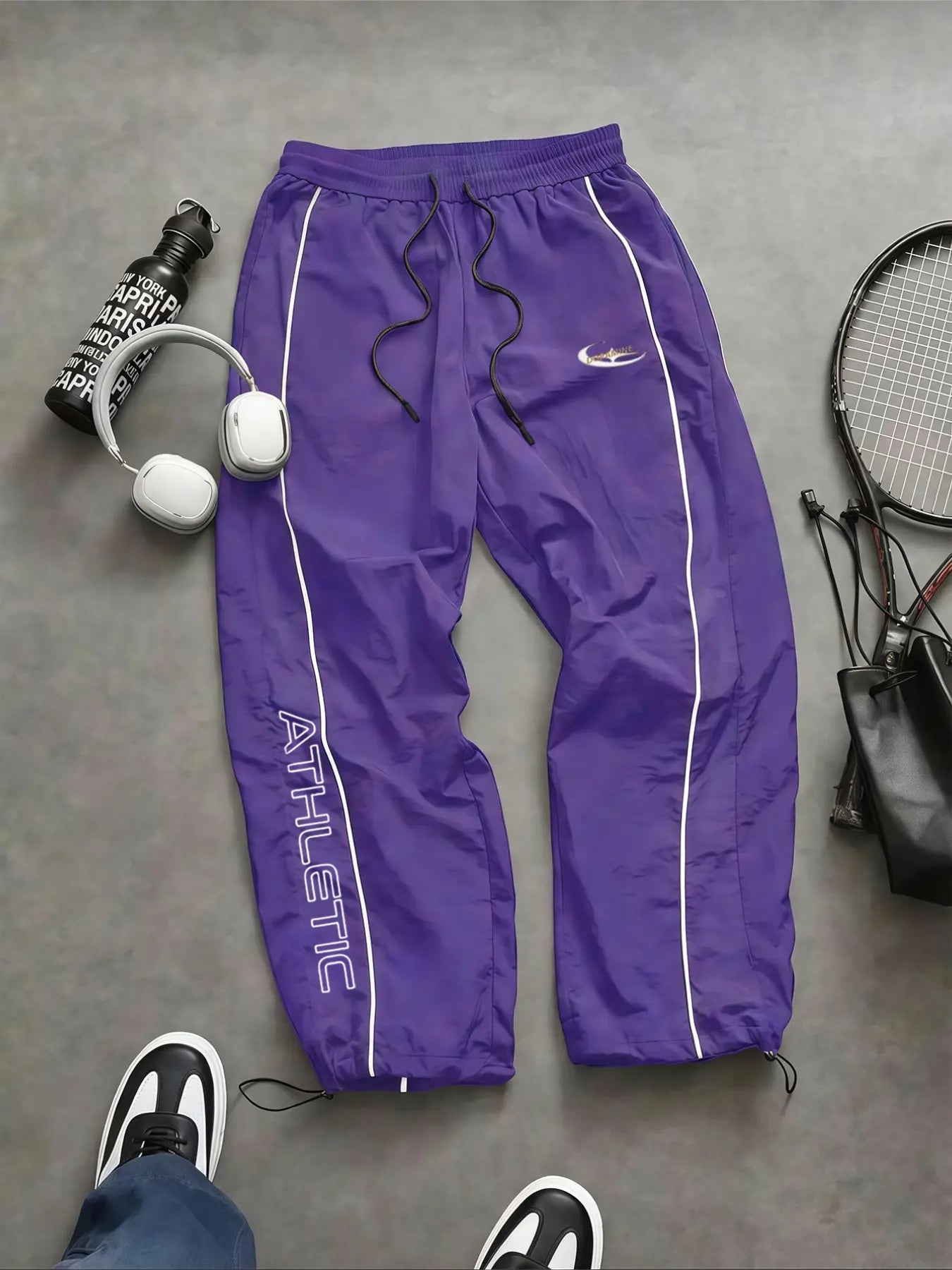Men'S Casual Sporty Long Pants, Loose Fit Elastic Cuff, Fashionable Print, Lightweight Fabric, Perfect for Daily Wear