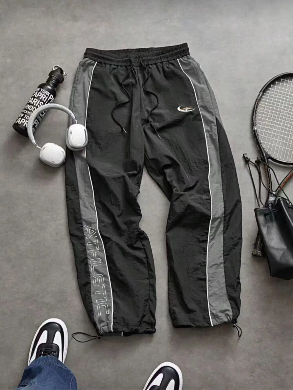 Men'S Casual Sporty Long Pants, Loose Fit Elastic Cuff, Fashionable Print, Lightweight Fabric, Perfect for Daily Wear