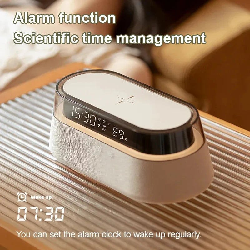 All-in-One 6-In-1 Smart Alarm Clock: 15W Wireless Charger, Bluetooth Speaker, FM Radio, Dual Alarm, USB Charger & Colorful RGB Night Light