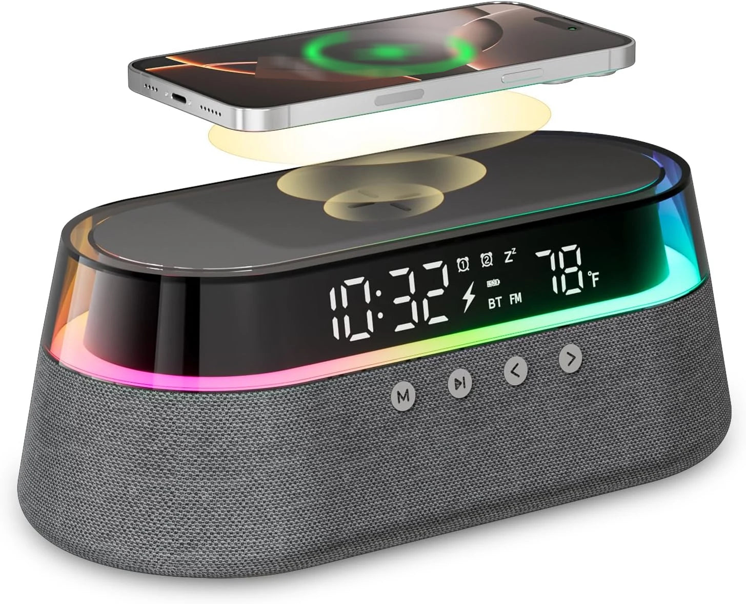 All-in-One 6-In-1 Smart Alarm Clock: 15W Wireless Charger, Bluetooth Speaker, FM Radio, Dual Alarm, USB Charger & Colorful RGB Night Light