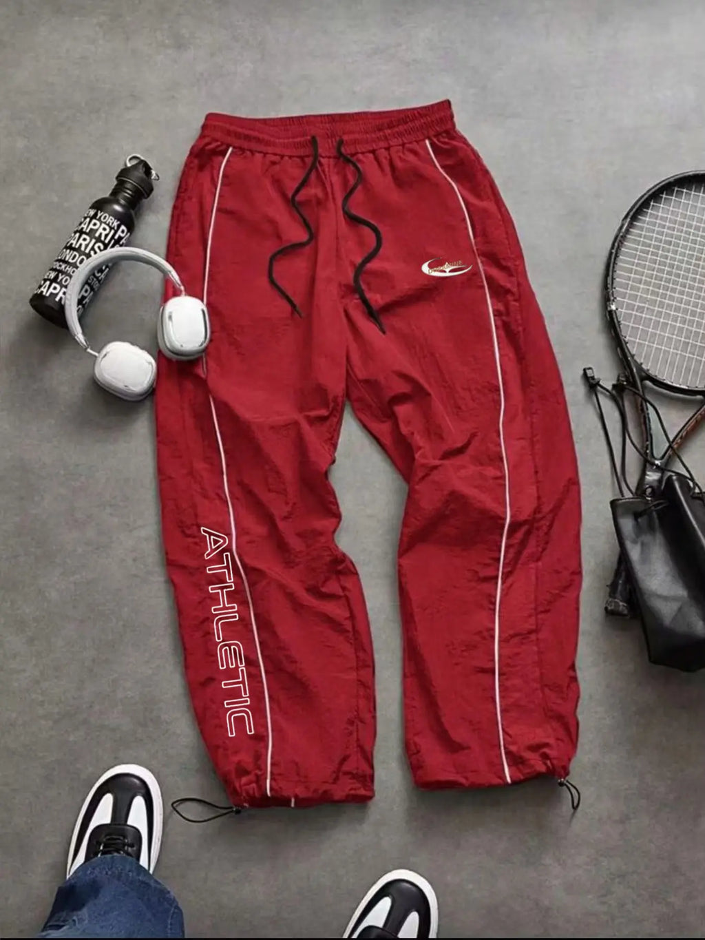 Men'S Casual Sporty Long Pants, Loose Fit Elastic Cuff, Fashionable Print, Lightweight Fabric, Perfect for Daily Wear