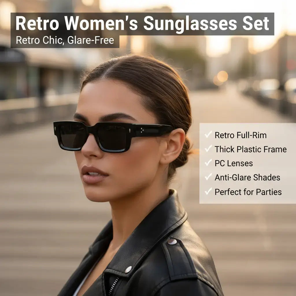 Unisex 2-Piece High Quality Retro Full-Rim Modern Sunglasses Set, Thick Plastic Frame with PC Lenses, Anti-Glare Shades - Accessories for Women, Ideal for Party, Beach Travel Gifts Summerwins,Summerwins,Summeroutfits,Vacationoutfits,Beachoutfits